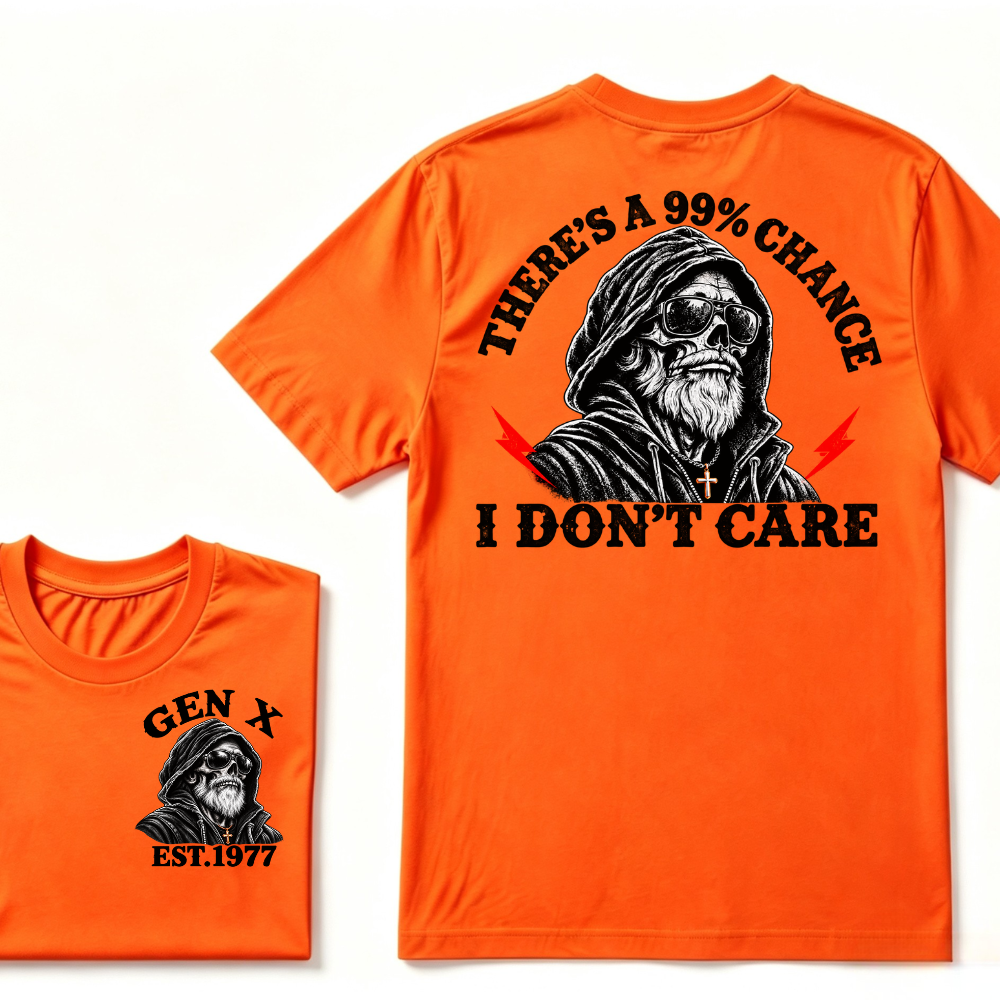 Gen X EST.Year There's A 99% Chance I Don't Care Bearded Skull Hooded Graphic T-Shirt