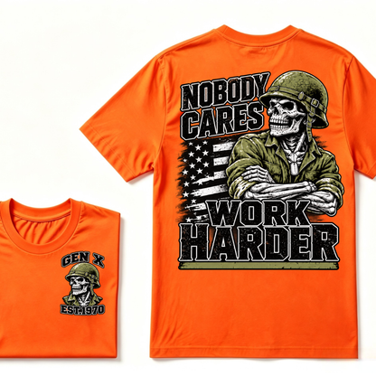 Nobody Cares Work Harder EST.Year Military Soldier Skull Veteran Attitude Graphic Tee
