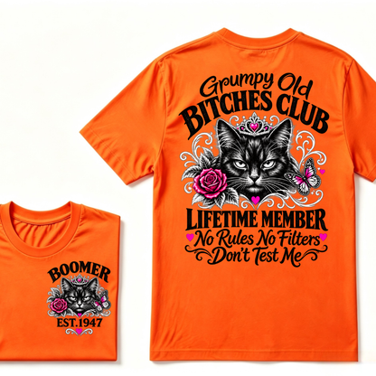 Boomer EST.Year Grumpy Old Club Crown Cat Rose Butterfly Sarcastic Graphic T-Shirt
