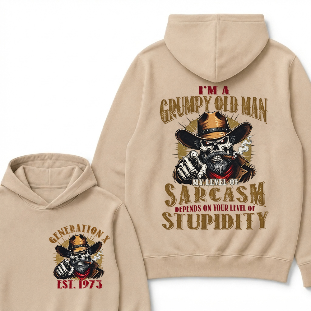 EST.YearI'm A Grumpy Old Man My Level Of Sarcasm Depends On Your Level Of Stupidity Cowboy Skull Graphic Hoodie, Funny Gen X Sarcastic Hooded Sweatshirt