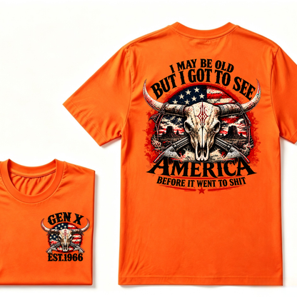 Gen X EST.Year I May Be Old But I Got To See America Longhorn Skull Western American Flag Graphic T-Shirt