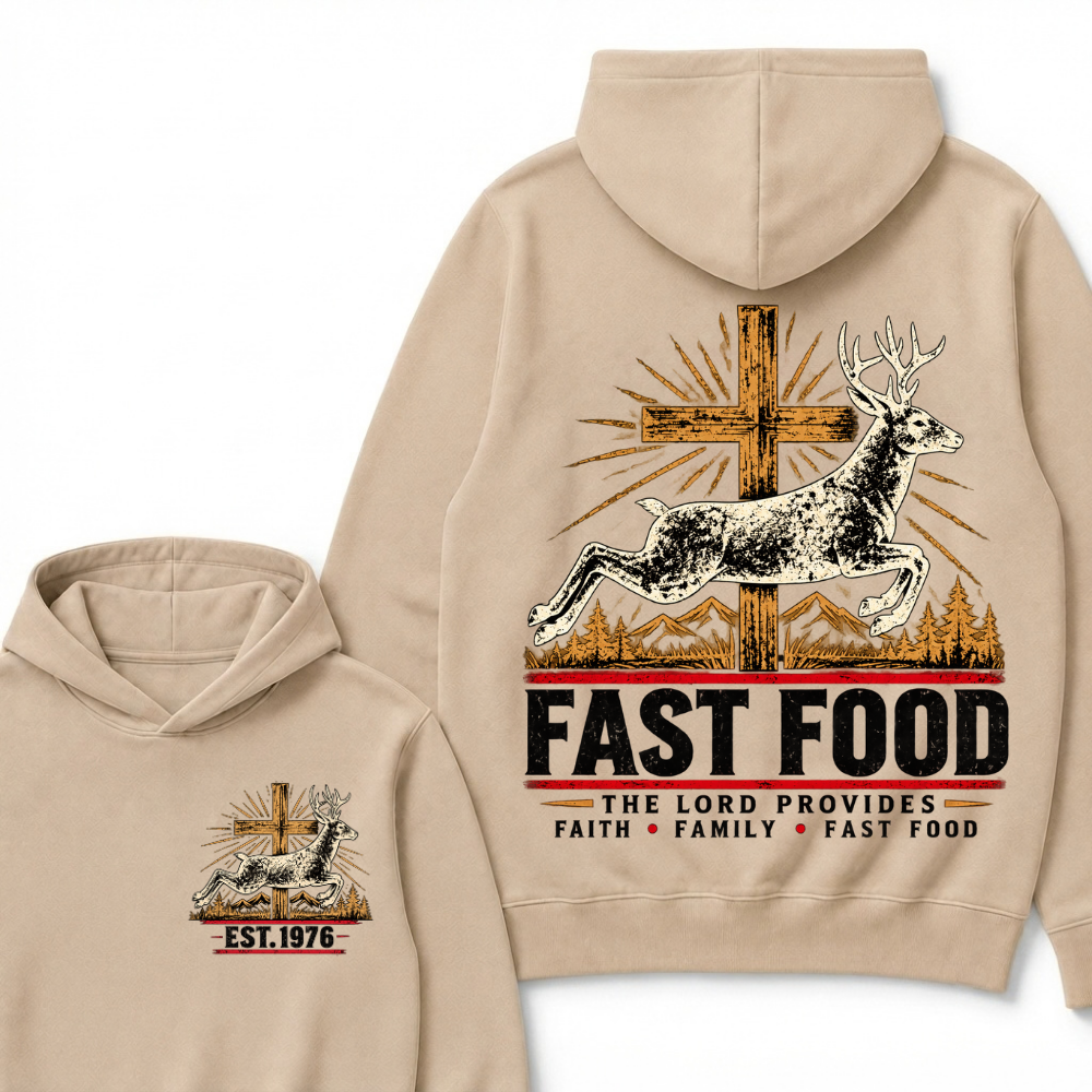 FAST FOOD – The Lord Provides | Faith, Family & Hunting Custom Year Hoodie