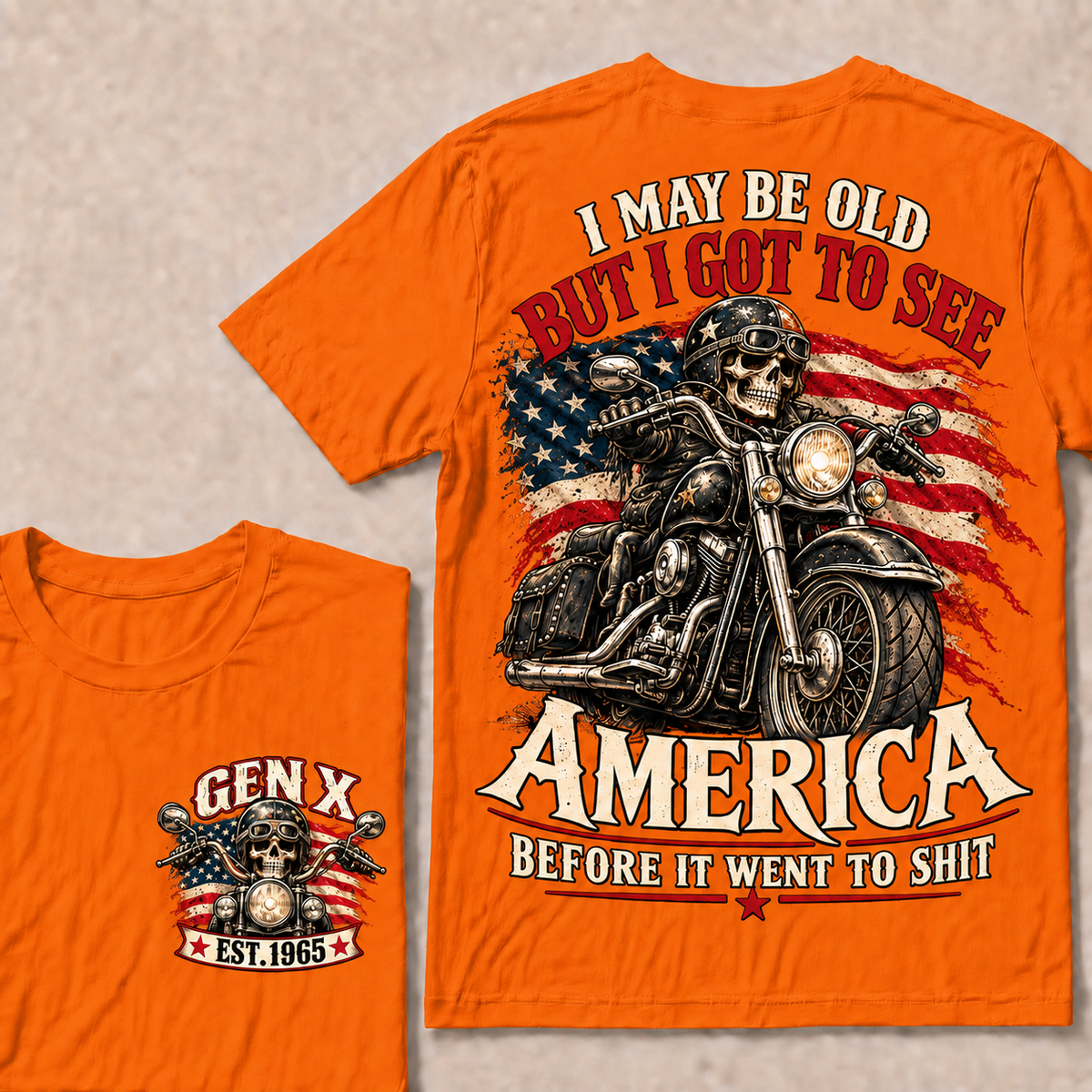 Funny Gen X Biker T-Shirt, Vintage Motorcycle Skull American Flag Tee, Retro 1965 Gen X Gift, Patriotic Biker Shirt