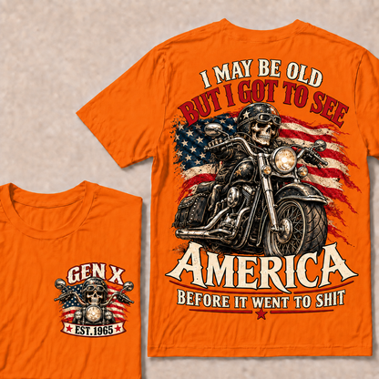 Funny Gen X Biker T-Shirt, Vintage Motorcycle Skull American Flag Tee, Retro 1965 Gen X Gift, Patriotic Biker Shirt