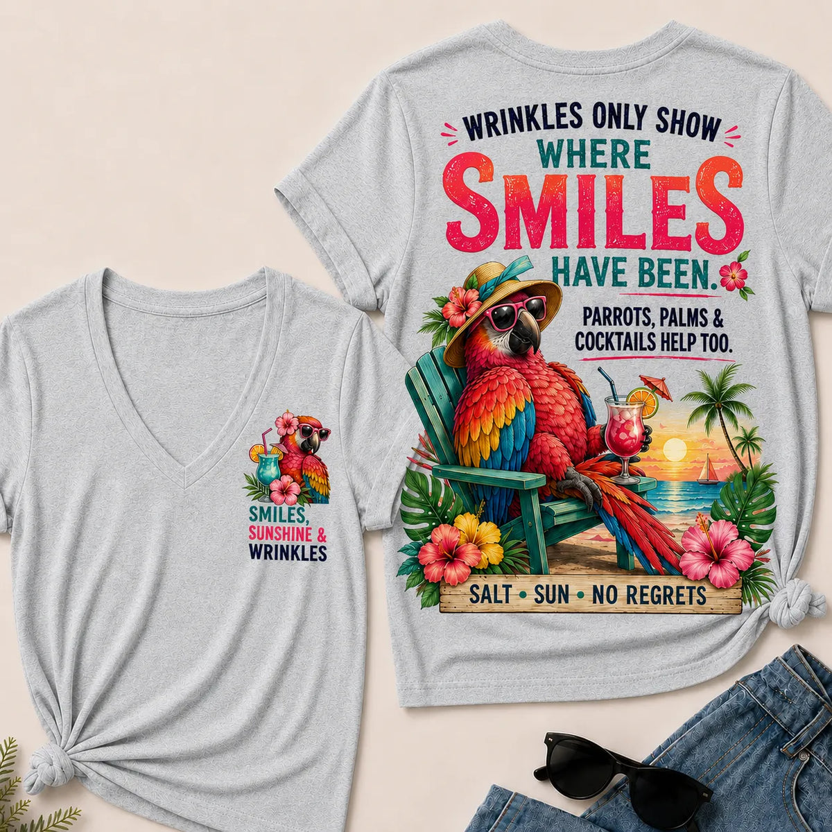 Wrinkles Only Show Where Smiles Have Been Funny Retirement V-Neck Tee For Women – Tropical Parrot Beach Vacation Graphic V-Ne