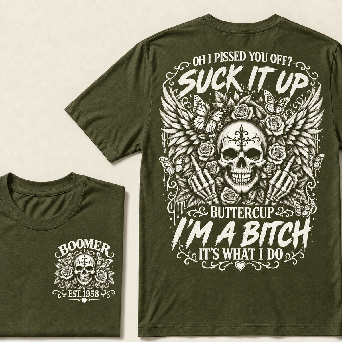 Custom Year Boomer Suck It Up Buttercup Skull Graphic T-Shirt