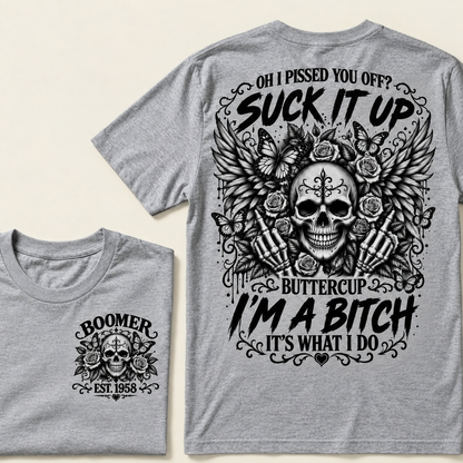 Custom Year Boomer Suck It Up Buttercup Skull Graphic T-Shirt