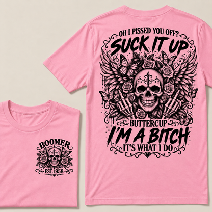 Custom Year Boomer Suck It Up Buttercup Skull Graphic T-Shirt