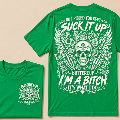 Custom Year Boomer Suck It Up Buttercup Skull Graphic T-Shirt