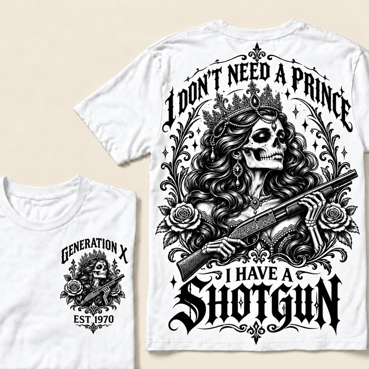 "I Don't Need A Prince I Have A Shotgun" T-Shirt, Funny Gen X Sarcastic Tee, Gothic Skull Crown Gift for Her, Western Gun Shirt