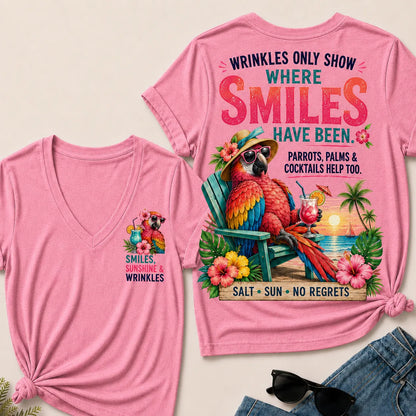 Wrinkles Only Show Where Smiles Have Been Funny Retirement V-Neck Tee For Women – Tropical Parrot Beach Vacation Graphic V-Ne