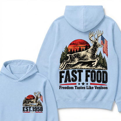 Fast Food Deer Hunting Hoodie, Freedom Tastes Like Venison Vintage Sunset USA Flag EST.Year Hunter Graphic Hooded Sweatshirt