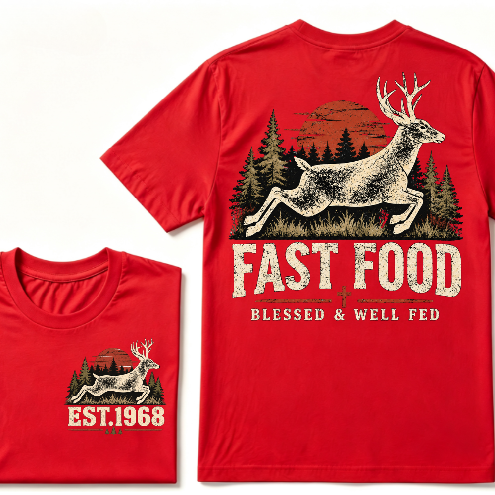 Fast Food Deer Hunting T-Shirt, Blessed & Well Fed Vintage Sunset Forest EST.Year Christian Hunter Graphic Tee