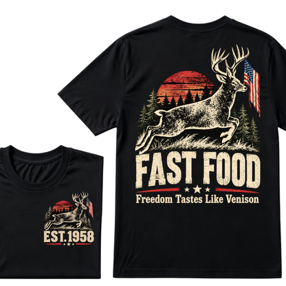 Fast Food Deer Hunting T-Shirt, Freedom Tastes Like Venison Vintage Sunset USA Flag EST.Year Hunter Graphic Tee