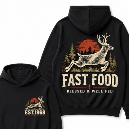 Fast Food Deer Hunting Hoodie, Blessed & Well Fed Vintage Sunset Forest EST.Year Christian Hunter Graphic Hooded Sweatshirt