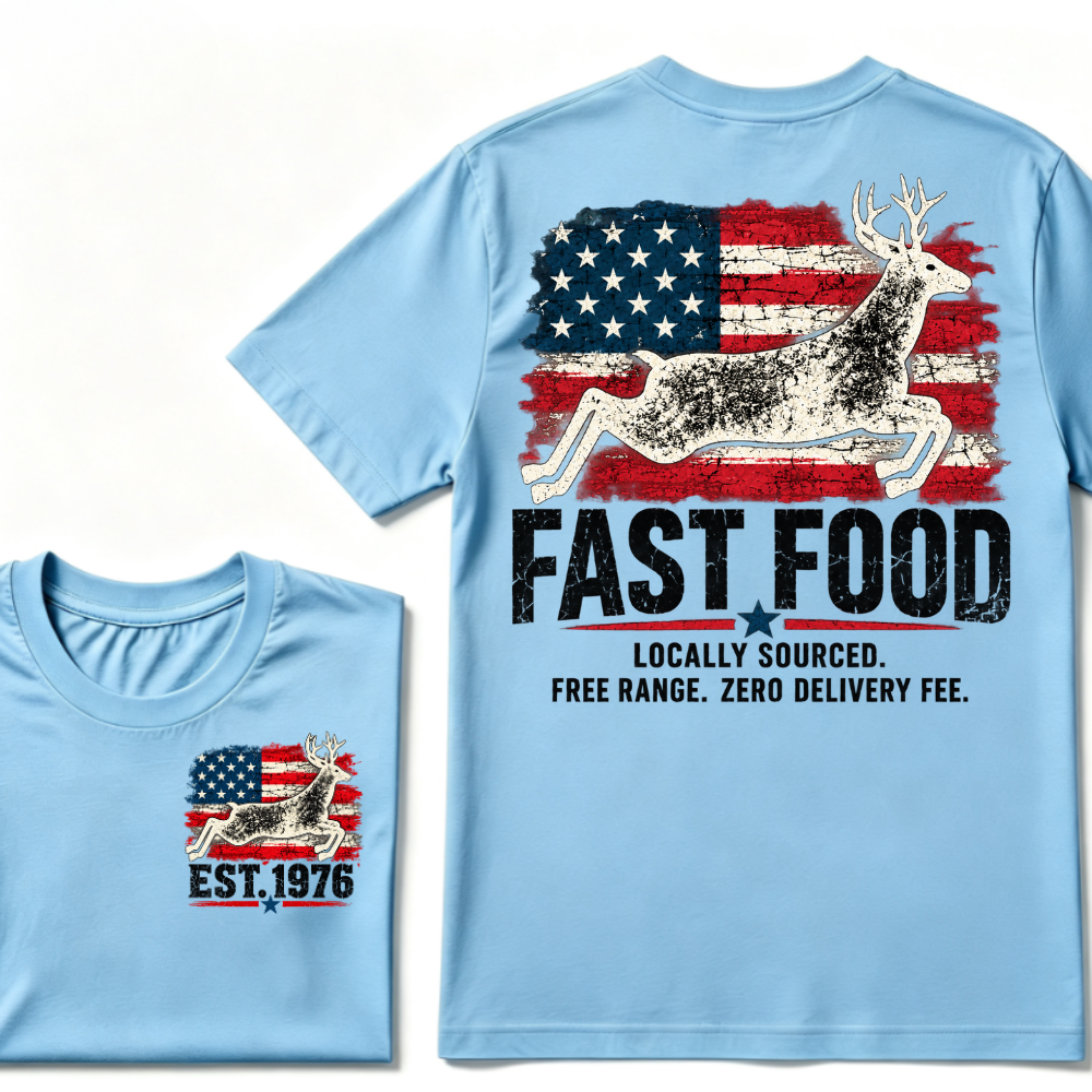 Fast Food Deer Hunting T-Shirt, Locally Sourced Free Range Zero Delivery Fee Vintage American Flag EST.Year Hunter Graphic Tee