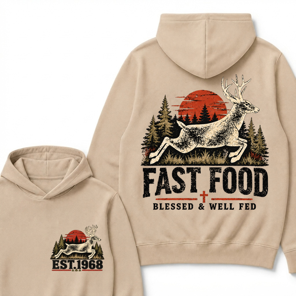 Fast Food Deer Hunting Hoodie, Blessed & Well Fed Vintage Sunset Forest EST.Year Christian Hunter Graphic Hooded Sweatshirt