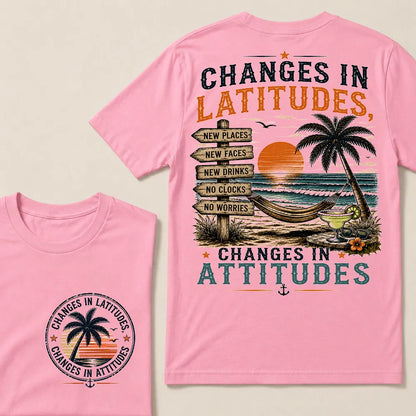 "Changes In Latitudes, Changes In Attitudes" Vintage Beach Crew Neck T-Shirt | No Clocks, No Worries Unisex Tee