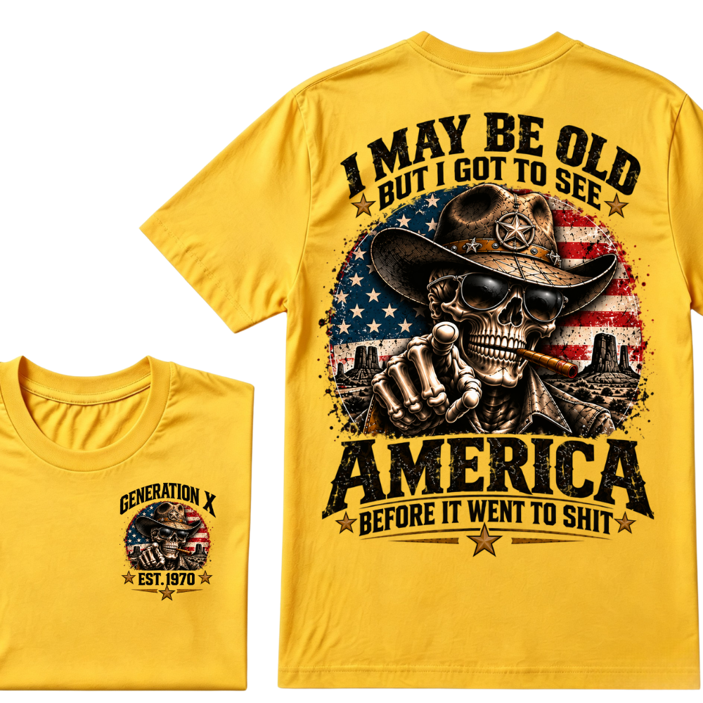 Generation X EST.Year Cowboy Skull American Flag T-Shirt I May Be Old But I Got To See America Vintage Western Patriotic Tee