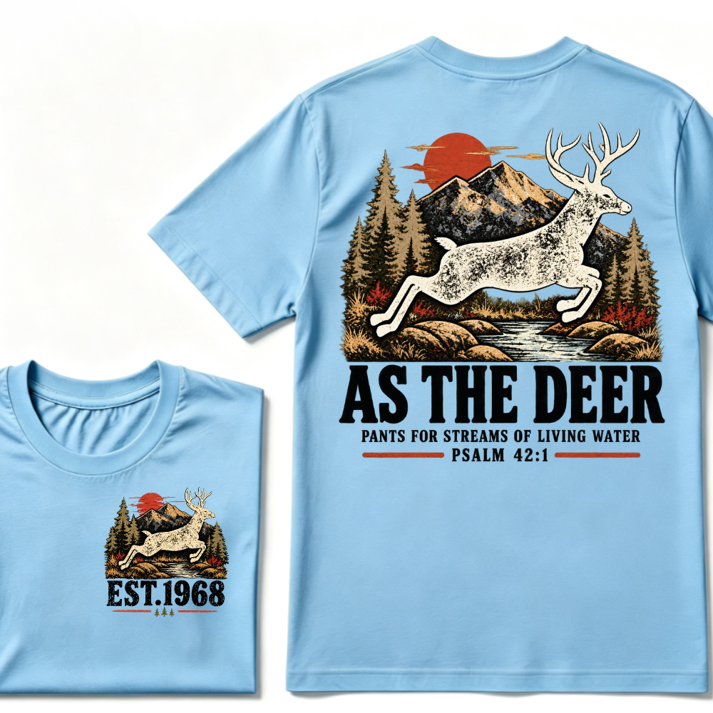 As The Deer Pants For Streams Of Living Water Psalm 42:1 Christian Deer Hunting Vintage Mountain EST.Year Graphic T-Shirt
