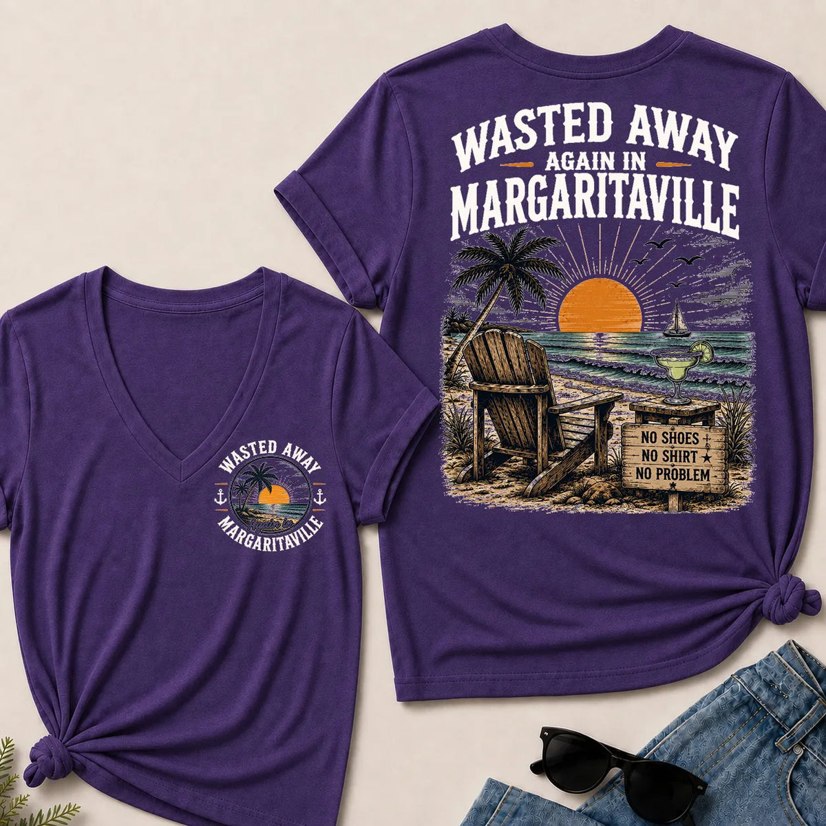 "Wasted Away Again In Margaritaville" Vintage Beach V-Neck T-Shirt | No Shoes, No Shirt, No Problem Tee