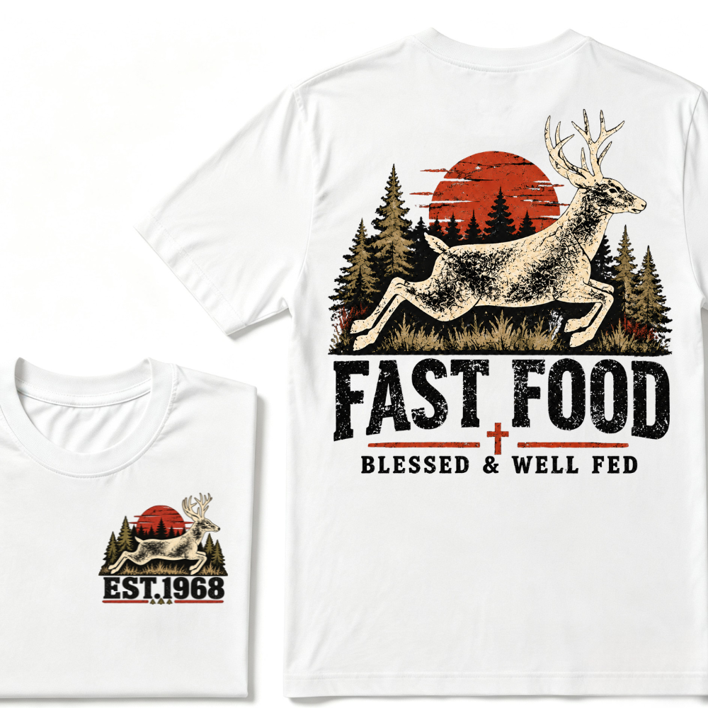 Fast Food Deer Hunting T-Shirt, Blessed & Well Fed Vintage Sunset Forest EST.Year Christian Hunter Graphic Tee