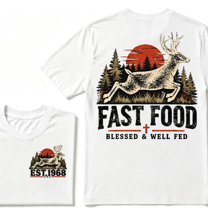 Fast Food Deer Hunting T-Shirt, Blessed & Well Fed Vintage Sunset Forest EST.Year Christian Hunter Graphic Tee