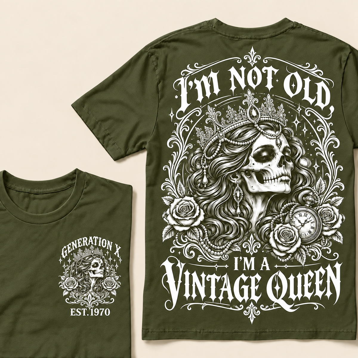 "I'm Not Old I'm A Vintage Queen" T-Shirt, Funny Gen X Sarcastic Tee, Gothic Skull Crown Gift for Her