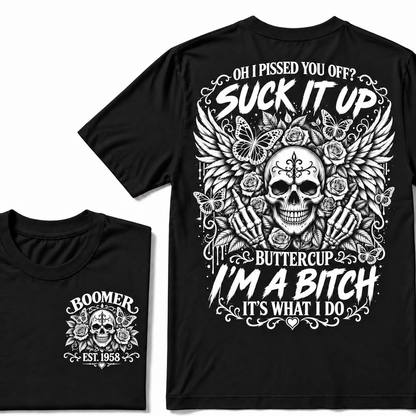 Custom Year Boomer Suck It Up Buttercup Skull Graphic T-Shirt