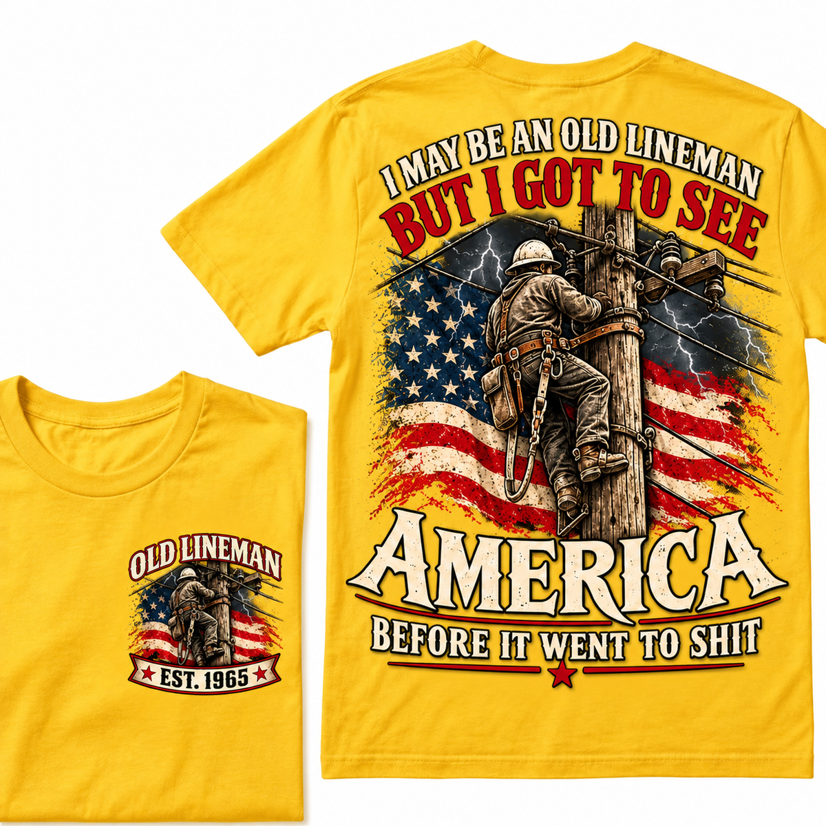 Funny Old Lineman American Flag T-Shirt, Vintage Electrician Lineman Gift, Patriotic USA Powerline Worker Tee, Retro 1965 Lineman Shirt
