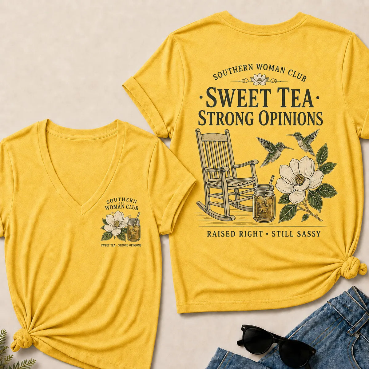Southern Woman Club Sweet Tea Strong Opinions V-Neck T-shirts– Vintage Magnolia Graphic  V-Neck T-shirts For Southern Women
