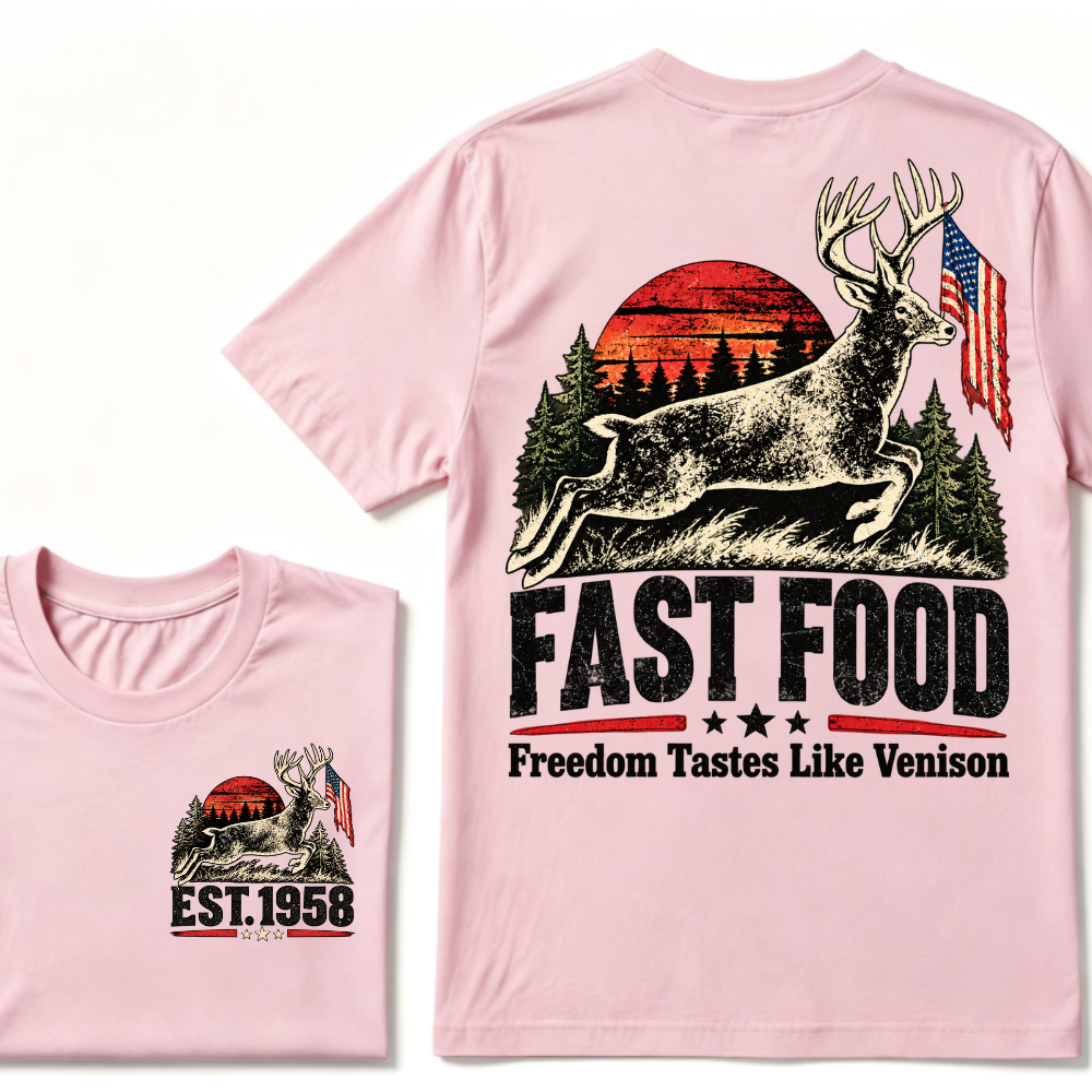 Fast Food Deer Hunting T-Shirt, Freedom Tastes Like Venison Vintage Sunset USA Flag EST.Year Hunter Graphic Tee