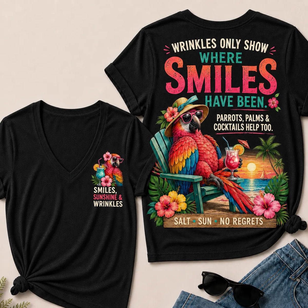 Wrinkles Only Show Where Smiles Have Been Funny Retirement V-Neck Tee For Women – Tropical Parrot Beach Vacation Graphic V-Ne