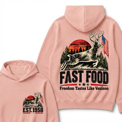 Fast Food Deer Hunting Hoodie, Freedom Tastes Like Venison Vintage Sunset USA Flag EST.Year Hunter Graphic Hooded Sweatshirt