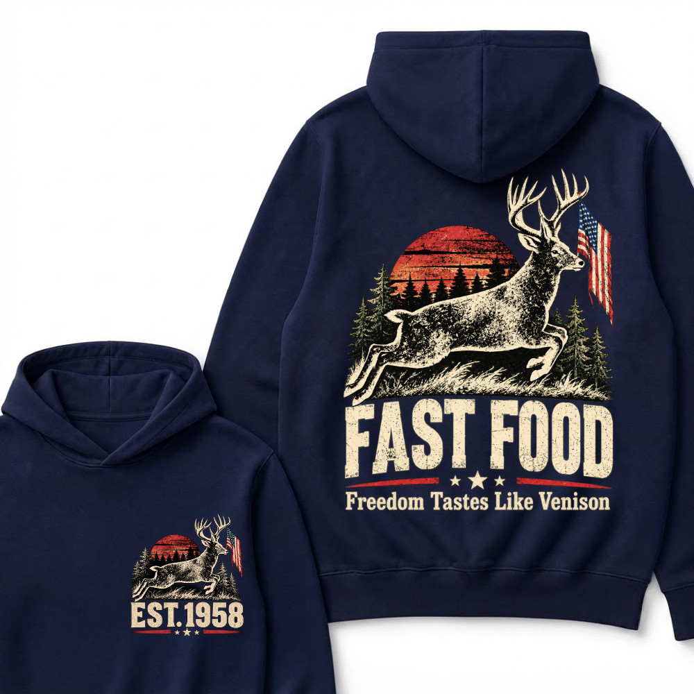 Fast Food Deer Hunting Hoodie, Freedom Tastes Like Venison Vintage Sunset USA Flag EST.Year Hunter Graphic Hooded Sweatshirt