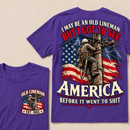 Funny Old Lineman American Flag T-Shirt, Vintage Electrician Lineman Gift, Patriotic USA Powerline Worker Tee, Retro 1965 Lineman Shirt