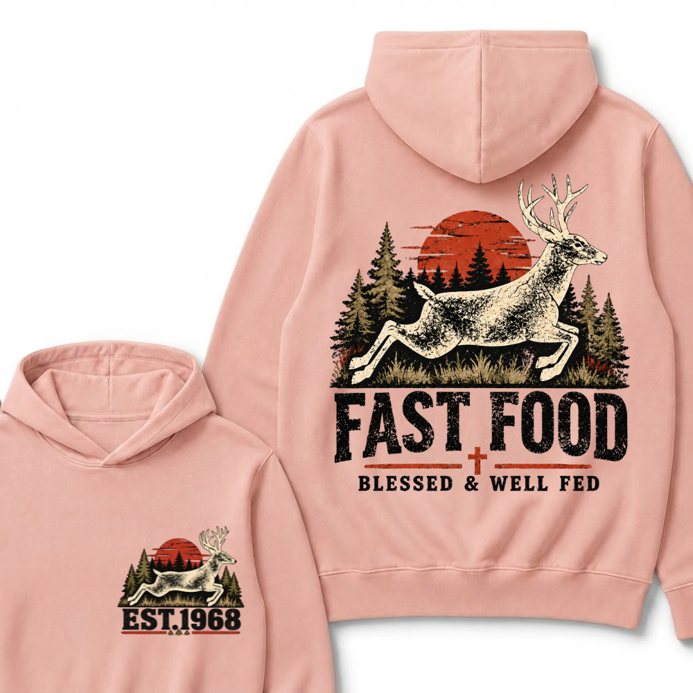 Fast Food Deer Hunting Hoodie, Blessed & Well Fed Vintage Sunset Forest EST.Year Christian Hunter Graphic Hooded Sweatshirt