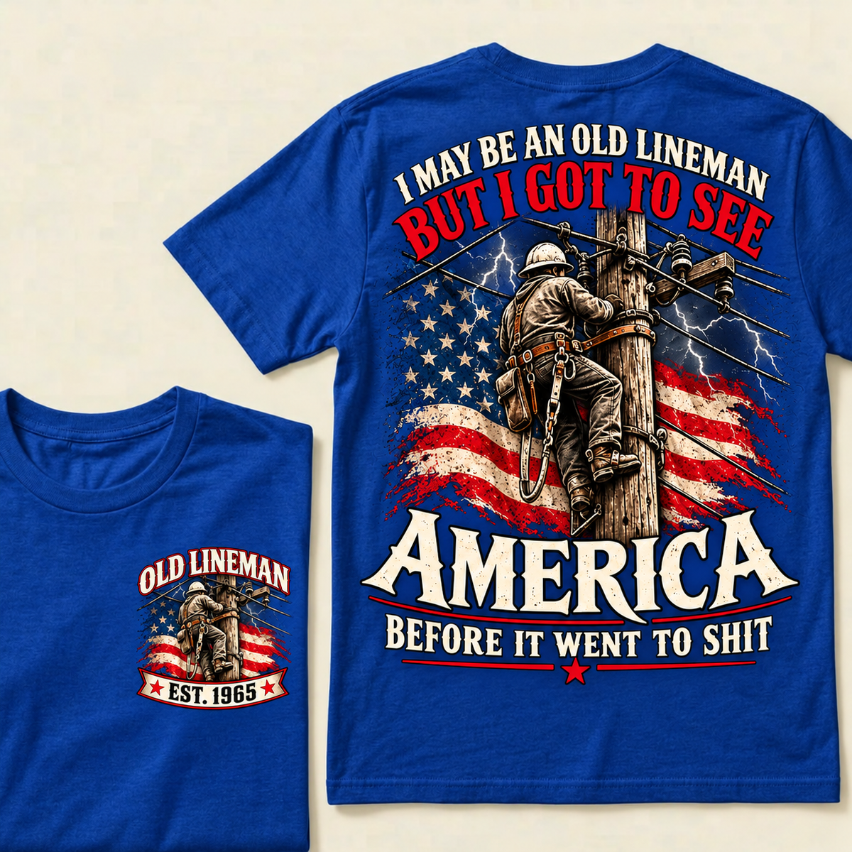 Funny Old Lineman American Flag T-Shirt, Vintage Electrician Lineman Gift, Patriotic USA Powerline Worker Tee, Retro 1965 Lineman Shirt