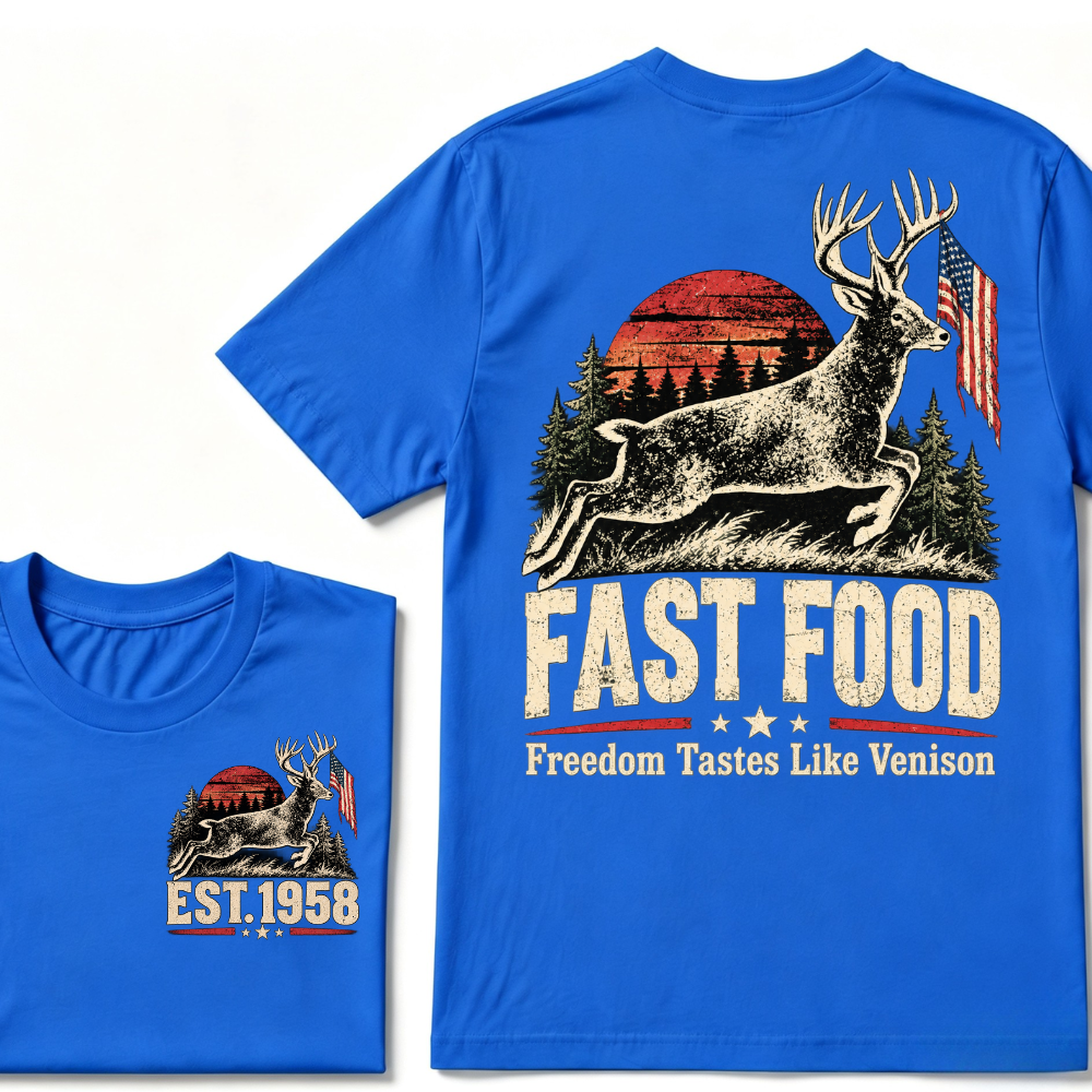 Fast Food Deer Hunting T-Shirt, Freedom Tastes Like Venison Vintage Sunset USA Flag EST.Year Hunter Graphic Tee