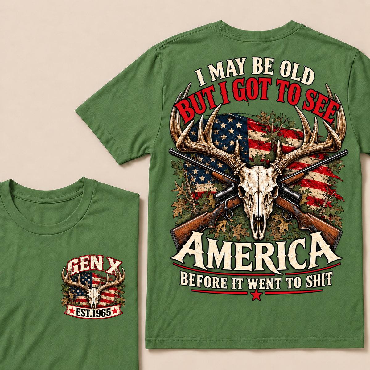 Funny Gen X Hunter T-Shirt, Vintage Deer Skull American Flag Tee, Retro 1965 Hunting Gift, Patriotic Hunter Shirt