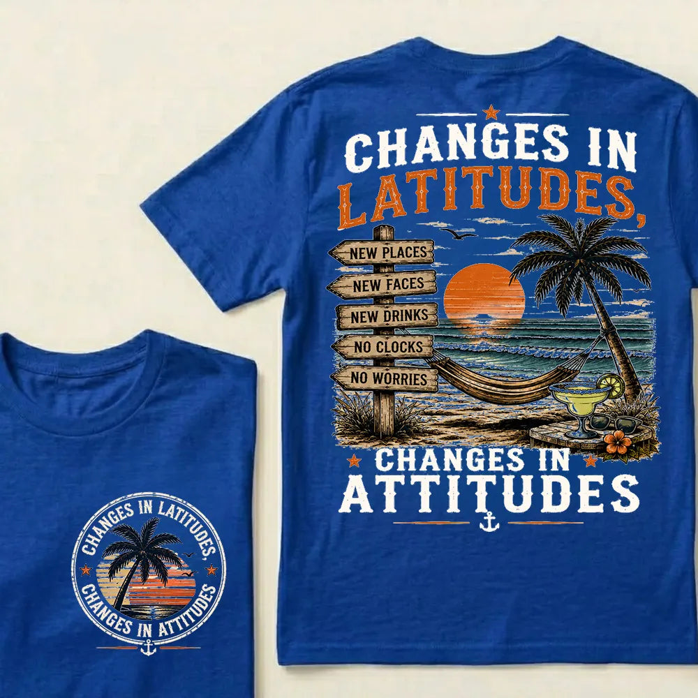 "Changes In Latitudes, Changes In Attitudes" Vintage Beach Crew Neck T-Shirt | No Clocks, No Worries Unisex Tee