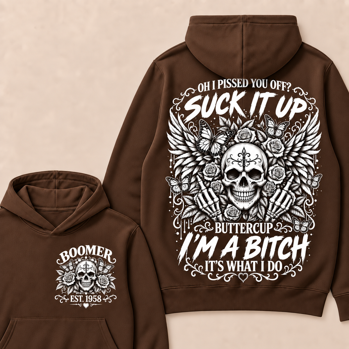 Custom Year Boomer Suck It Up Buttercup Skull Graphic Hoodie