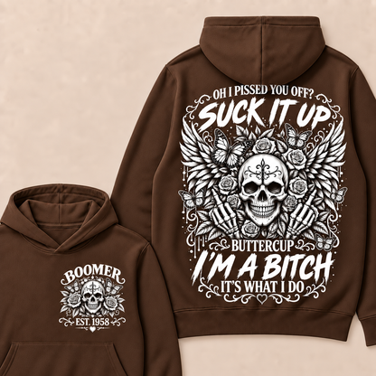 Custom Year Boomer Suck It Up Buttercup Skull Graphic Hoodie