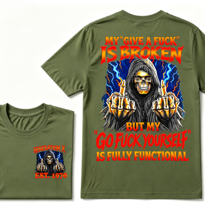 Generation X EST.Year Reaper Skull Finger Graphic T-Shirt, My Give A F Is Broken But My Attitude Is Fully Functional Tee