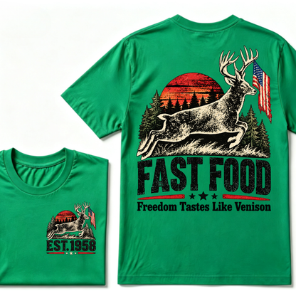 Fast Food Deer Hunting T-Shirt, Freedom Tastes Like Venison Vintage Sunset USA Flag EST.Year Hunter Graphic Tee
