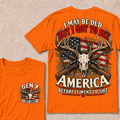 Funny Gen X Hunter T-Shirt, Vintage Deer Skull American Flag Tee, Retro 1965 Hunting Gift, Patriotic Hunter Shirt