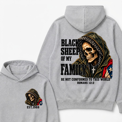 Black Sheep Of My Family Romans 12:2 Bible Verse Skull Hooded EAT.Year Hoodie, Christian Patriotic Hoodie