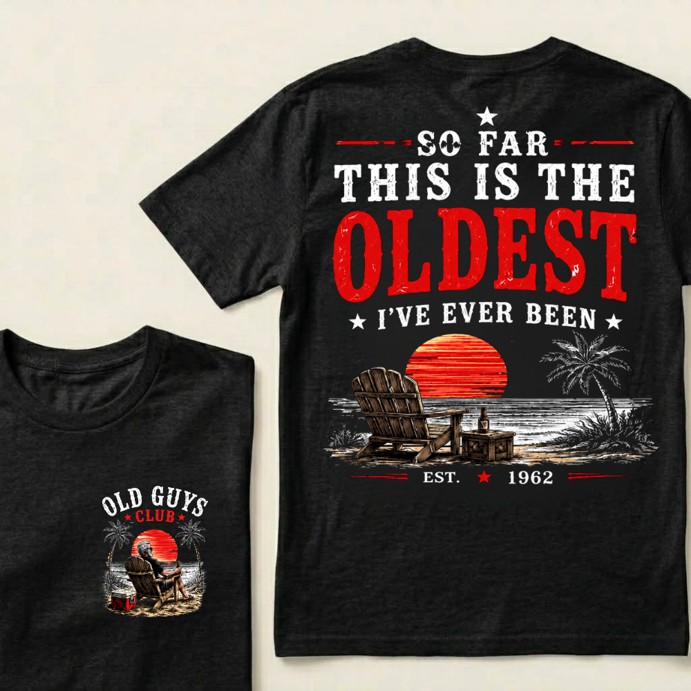 🌅 "Old Guys Club" Vintage Beach Birthday Commemorative Graphic T-Shirt