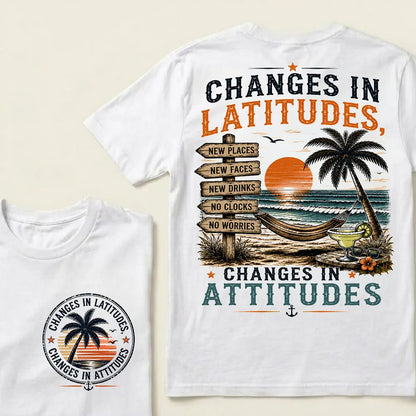 "Changes In Latitudes, Changes In Attitudes" Vintage Beach Crew Neck T-Shirt | No Clocks, No Worries Unisex Tee