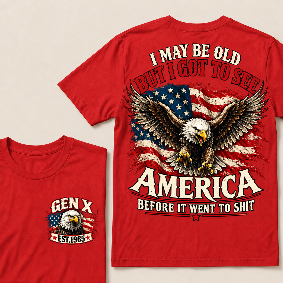 Funny Gen X Eagle T-Shirt, Vintage American Flag Patriotic Tee, Retro 1965 Gen X Gift, USA Bald Eagle Shirt